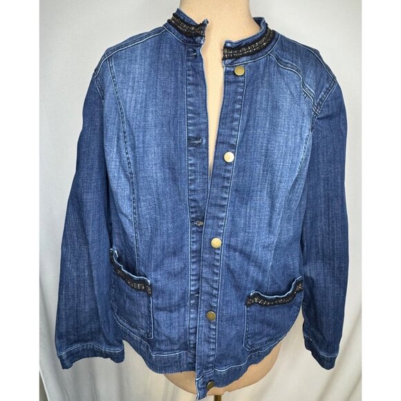 Chicos Womens Denim Jacket Size 2 With Embellished Collar & Pockets - Picture 1 of 10